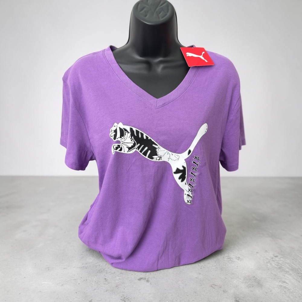 Puma Womens Purple V-Neck Graphic T-Shirt Tiger Floral Logo XL Tee